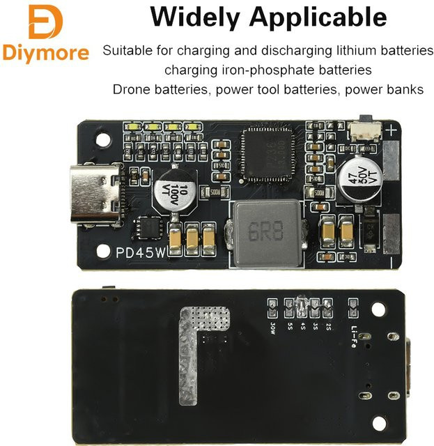 diymore Lithium-Eisenphosphat-Batterie-Lade- und Entlademodul 2-6S mit PD45W Schnellladung und USB-C-Schnittstelle, Schwarz - Bild 1