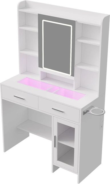 PXloue Schminktisch mit Hollywood LED-Spiegel und Steckdosenleiste aus Glas und Metall für Schlafzimmer und Bad, B/T/H: 145 x 40 x 90 cm - Bild 1