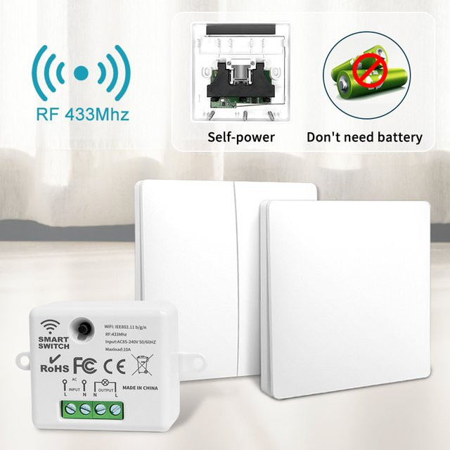 GGBEE Drahtloser 433-MHz-Wandschalter mit eigener Stromversorgung, wasserdichter Lichtschalter ohne Batterie und Verkabelung, 2-Gang Fernbedienung - Bild 1