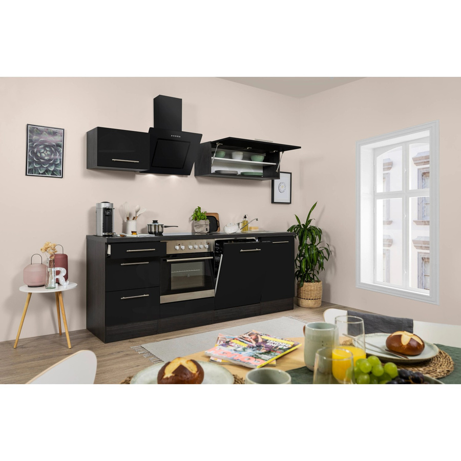 Respekta Premium Küchenzeile modern in Schwarz Hochglanz und Eiche Grau mit Soft-Close-Türen, B/T/H: 220 x 60 x 200 cm - Bild 2