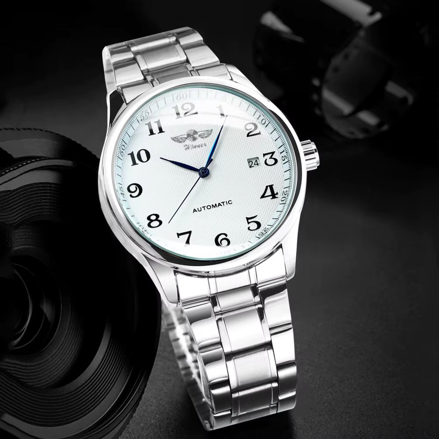 WINNER Armbanduhr Automatik, Edelstahl, Leder, Herren, Weiß, Datum - Bild 3