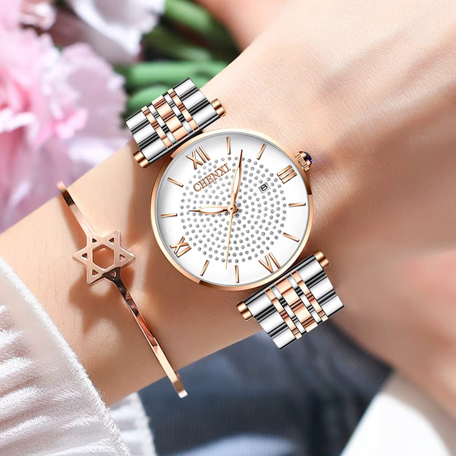 CHENXI Armbanduhr, Edelstahl, Quarz, Damen, Weiß, Kristall - Bild 2