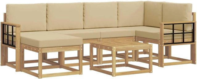 vidaXL Outdoor-Sofagarnitur aus Akazien-Massivholz, 7-teiliges L-Shape Set mit Couchtisch und Ottomane in Weiß und Beige - Bild 1