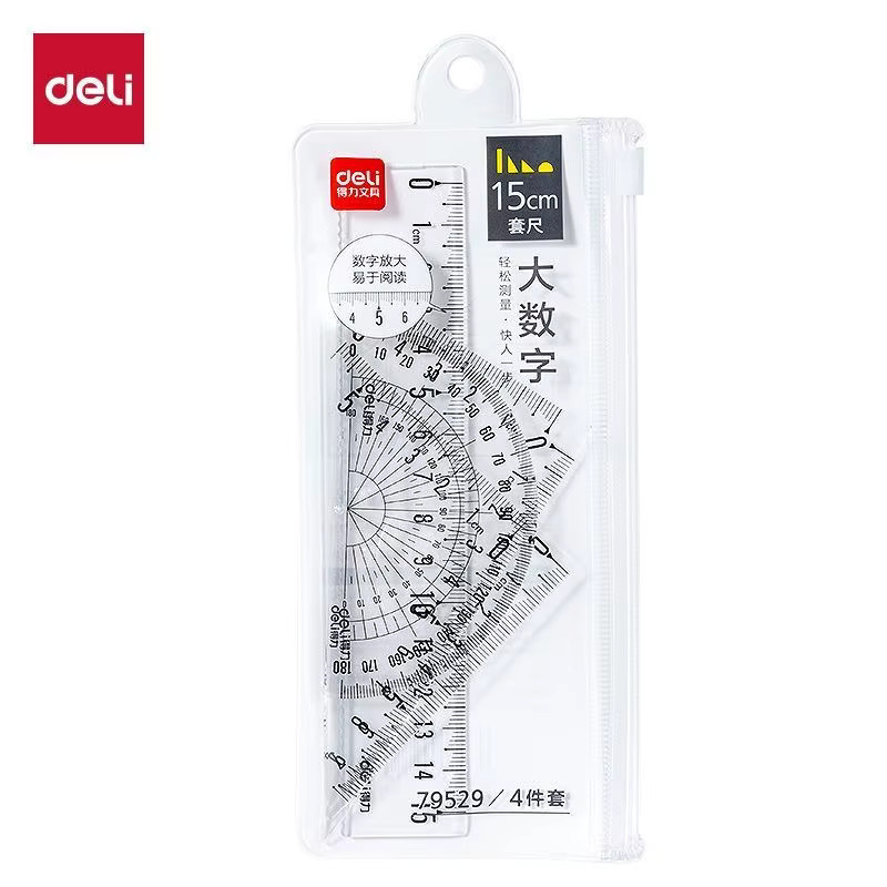 DELI Transparentes Geometrie-Set aus Kunststoff, 4-teilig, Mathe-Zeichenwerkzeuge für die Schule mit Lineal, Winkelmesser und Dreieck - Bild 2