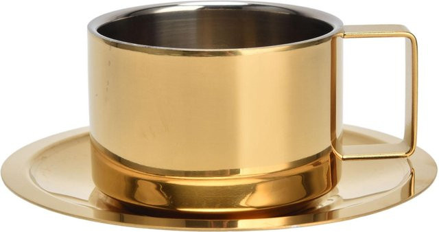 CosyHome Kaffeetasse aus Edelstahl mit Untertasse in Gold und Silber - Bild 1