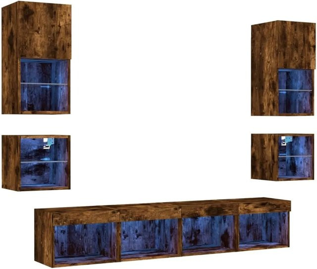 vidaXL 8-teilige moderne Wohnwand mit LED-Beleuchtung in Räuchereiche, Wandmontage mit Glastüren aus Holzwerkstoff und Glas, Farbe: Braun - Bild 1