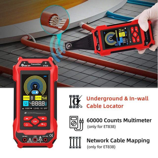 TOOLTOP Multifunktionaler unterirdischer Elektrokabel-Locator in Rot mit Multimeter zur Erkennung von Metallrohren und kurzen offenen Stromkreisen - Bild 1