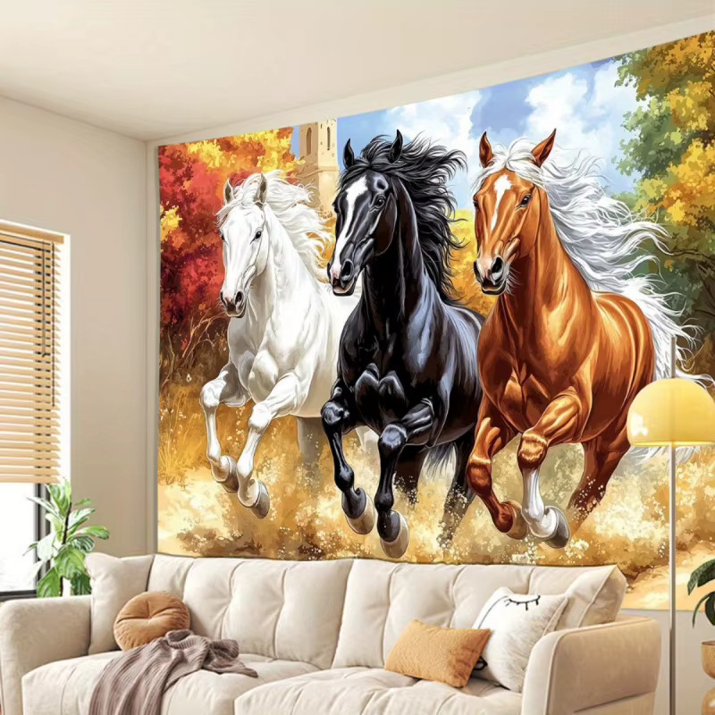 VIKAMA Wandbehang mit galoppierenden Pferden in Herbstwald-Optik, mehrfarbige Textil-Tapisserie als moderne Wanddekoration, B/H: 60 x 40 cm - Bild 3