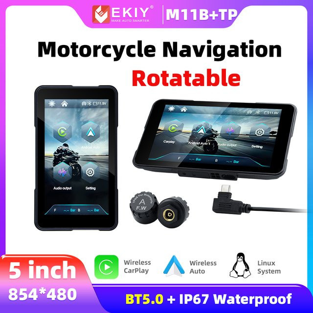 EKIY Drehbarer Motorrad-Bildschirm mit Android und Apple CarPlay, wasserdichtes Navigations-Display in Schwarz, 12,7 cm - Bild 1