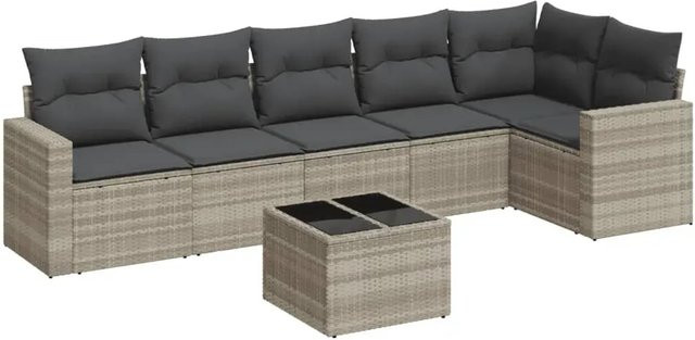 vidaXL 7-teilige Garten-Sofagarnitur in L-Form aus Poly-Rattan in Hellgrau mit UV-beständigen Polsterkissen und pulverbeschichtetem Stahlgestell - Bild 1