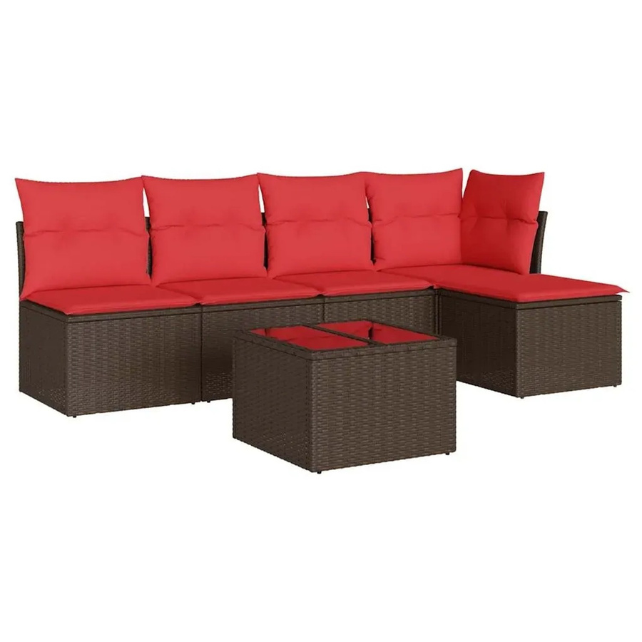 vidaXL 6-tlg. Garten-Sofagarnitur in L-Form aus Poly-Rattan mit Kissen und Couchtisch in Braun und Rot - Bild 2