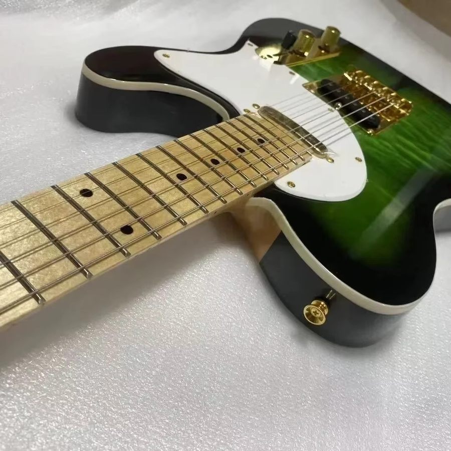OUCEY Vintage E-Gitarre TELE01 mit grünem Tigerstreifen-Farbverlauf und goldener Hardware - Bild 2