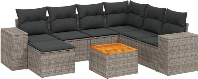 vidaXL 8-tlg Garten-Sofagarnitur in L-Form aus Polyrattan und Akazienholz in Grau mit UV-beständigen Kissen - Bild 1