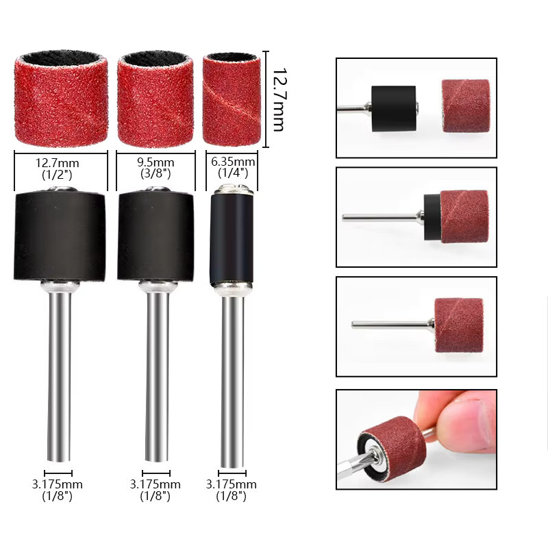 XCAN Schleiftrommel-Set mit 132 Stück und Körnung 80, inklusive Schleifbänder und Dorne in 1/4, 3/8 und 1/2, passend für Dremel-Zubehör und Drehwerkzeuge, Farbe: Rot - Bild 4