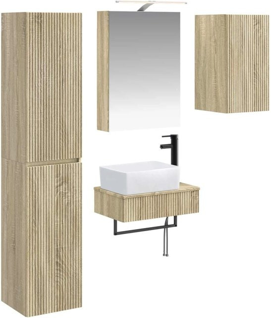 vidaXL Badezimmermöbel-Set 5-teilig in Sonoma-Eiche mit Waschtischunterschrank, Spiegelschrank und LED-Beleuchtung, Braun - Bild 1