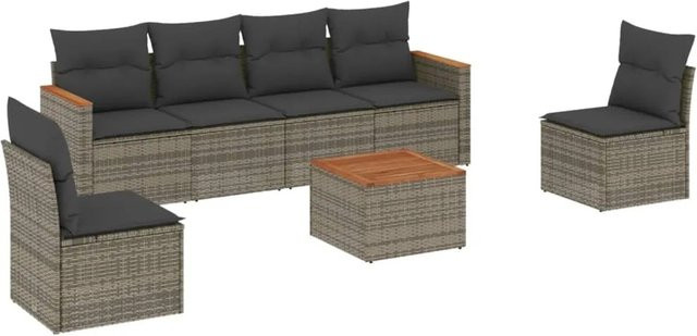 vidaXL 7-teilige Garten-Sofagarnitur aus Poly-Rattan in Grau mit Kissen und Akazienholz - Bild 1