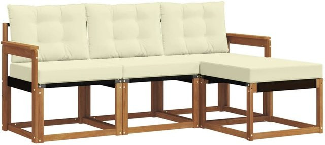 vidaXL Outdoor-Sofagarnitur 4-teilig L-Form aus Akazienholz mit Textilene und Kissen in Natur und Creme - Bild 1