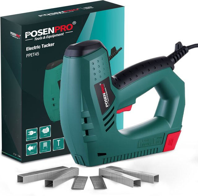 POSENPRO Elektrischer Tacker und Nagelpistole 45W in Grün inklusive 500 Nägel für DIY-Polsterarbeiten und Holzbearbeitung - Bild 1