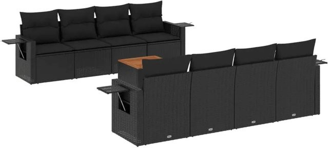 vidaXL 9-tlg. Garten-Sofagarnitur aus Polyrattan in Schwarz mit Kissen und Couchtisch - Bild 1