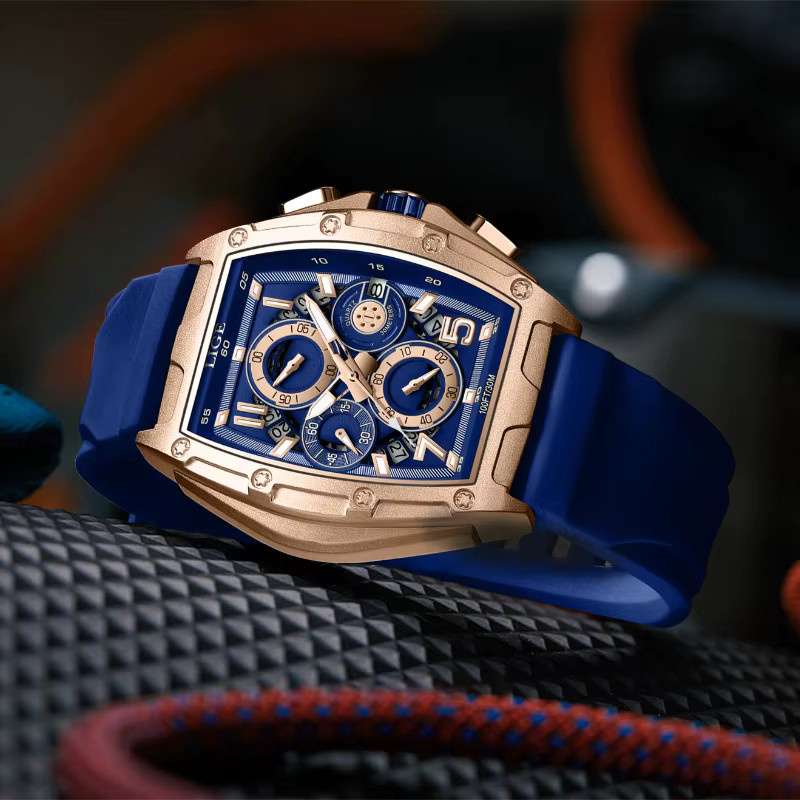 LIGE Chronograph, Quarz, Tonneau, Silikon, Blau, Herren - Bild 2