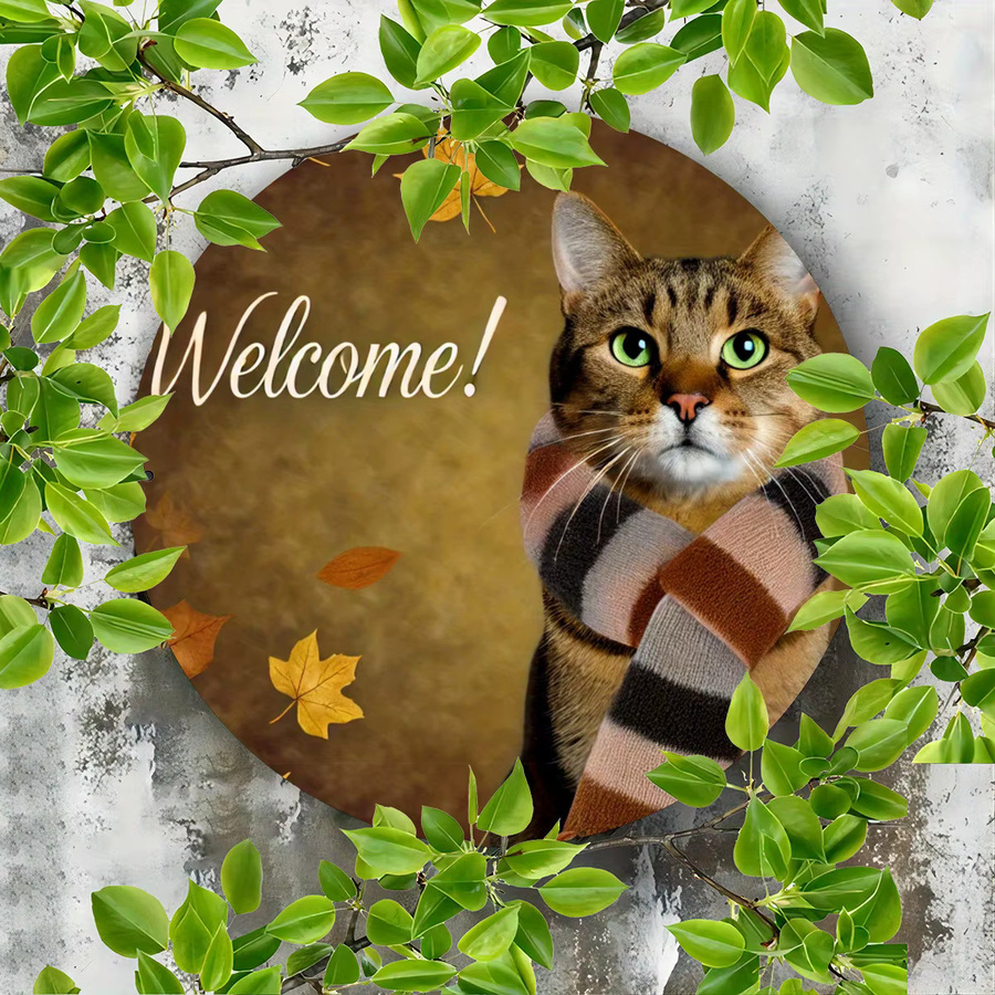 Potdemiel Rundes Metallschild Herbst-Katze mit Schal-Design, Wandkunst aus Eisen, Durchmesser: 20,32 cm, Mehrfarbig - Bild 3