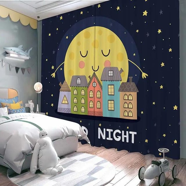 Yiran Furniture Blackout Vorhang für Kinderzimmer mit Astronaut-Motiv, 2er-Set, Blau/Schwarz, Breite: 55 cm, Höhe: 120 cm - Bild 1