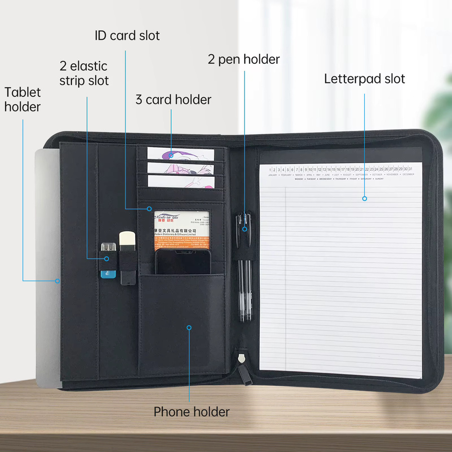 Bisofice Business Pad Folio Organizer aus PU-Leder mit Reißverschluss in Schwarz für A4 Dokumente und Tablet - Bild 4