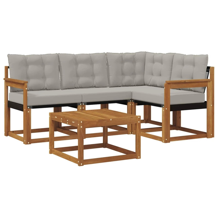 vidaXL Outdoor-Sofagarnitur 5-tlg. in L-Form aus Akazienholz mit Textilene und Kissen in Natur und Hellgrau - Bild 2