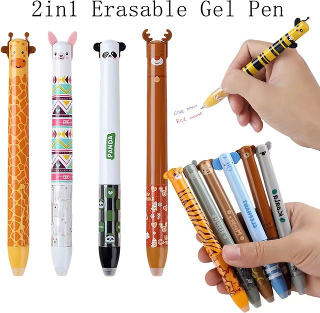 2-in-1 löschbarer Gelstift mit Cartoon-Tier-Design, 0,5 mm, Farben: Blau und Rot, magische Tinte für Schule und Büro - Bild 1