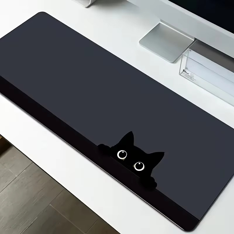 Schwarzes Mauspad mit Katzen-Design, rutschfeste Schreibtischunterlage aus Polyester mit genähten Kanten für Gaming und Büro - Bild 2