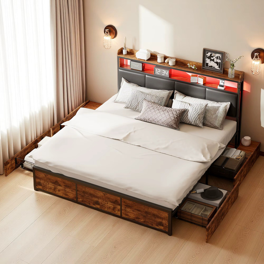 WoodenAura Doppelbett mit LED-Lichtleiste und 4 Schubladen in Tigerstreifenmuster, B/T: 180 x 200 cm - Bild 1