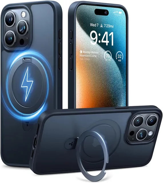 Matte magnetische MagSafe Hülle mit Metallringständer und Objektivschutz für iPhone 17 16 15 14 13 Pro Max Plus in Schwarz - Bild 1