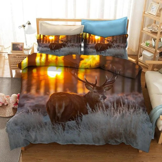Bettwäsche-Set mit Hirsch-Motiv von Jessica Chen, Sonnenuntergang Design, Mehrfarbig, Polyester, B/H: 135 x 200 cm - Bild 1