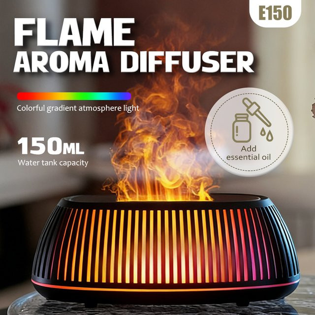 HAOYUNMA Aroma-Diffusor mit Flammeneffekt und 3D Farblicht, Mini-USB-Luftbefeuchter in Schwarz - Bild 1