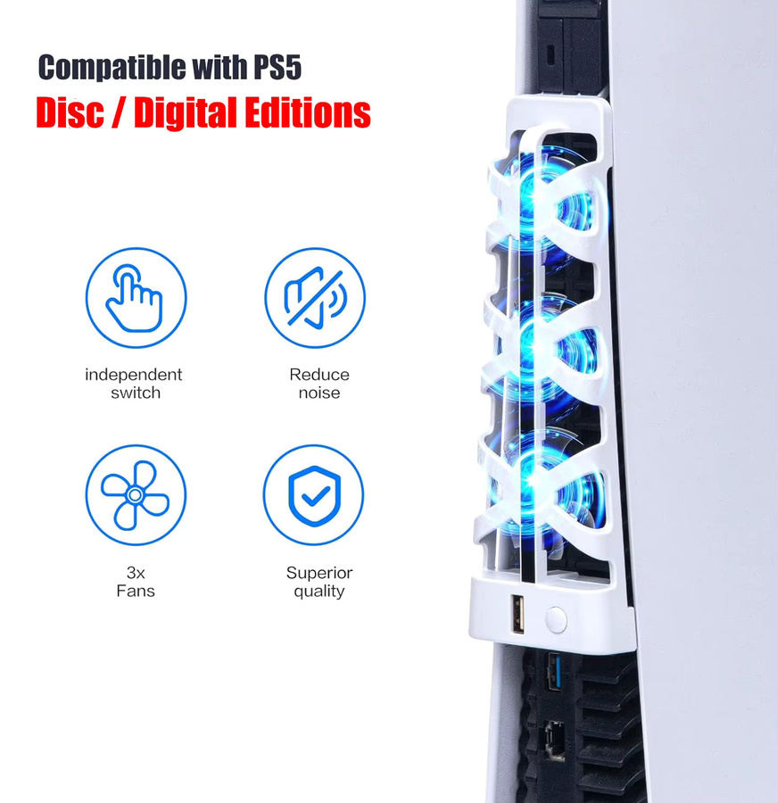 SZKOSTON Kühlventilator für PlayStation 5 Disc und Digital Edition mit LED-Licht und USB-Anschluss, Farbe: Weiß - Bild 2