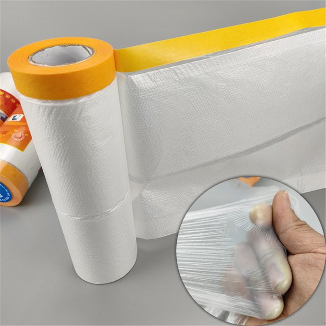 Vorgeklebte Abdeckfolie aus weißem Kunststoff mit Klebeband für Malerarbeiten und Autolackierungen - Bild 1