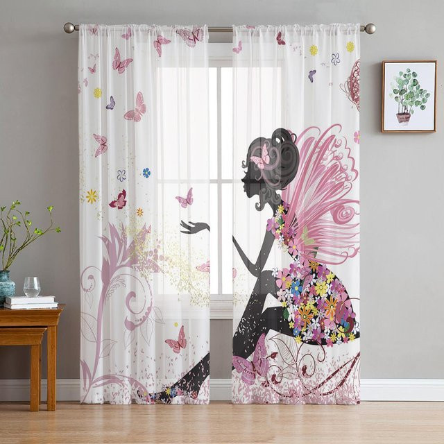 Yiran Furniture Transparentes Chiffon-Voile-Vorhang Set mit Schmetterlings- und Fee-Motiv in Rosa und Weiß, Breite: 70 cm, Höhe: 165 cm, 2 Stück - Bild 1