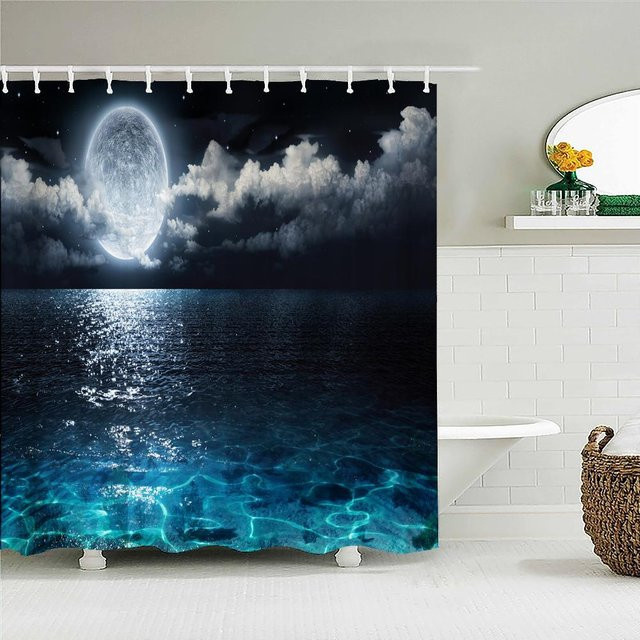Wasserdichter Duschvorhang Galaxy mit 3D-Druck Leuchtturm und Sternenhimmel aus blauem Polyestergewebe, Breite: 120 cm, Höhe: 180 cm - Bild 1