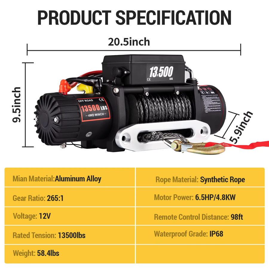 SIHAO Elektrische Seilwinde 13500LB, Wasserdichte 12V Offroad-Abschleppwinde mit 92FT Synthetikseil, Fernbedienung und Sicherheitshaken, Schwarz - Bild 6