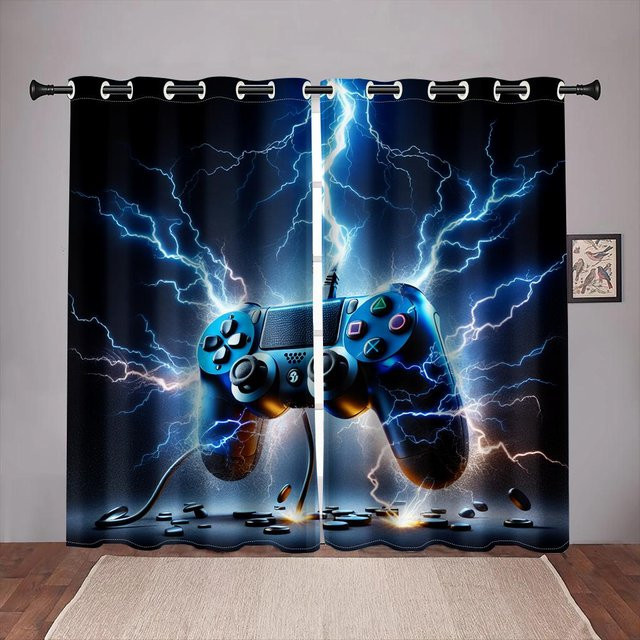 2er-Set Yiran Furniture Gamer Vorhänge mit Videospiel-Controller Motiv, Blau, semi-transparent, B: 135 cm, H: 165 cm - Bild 1