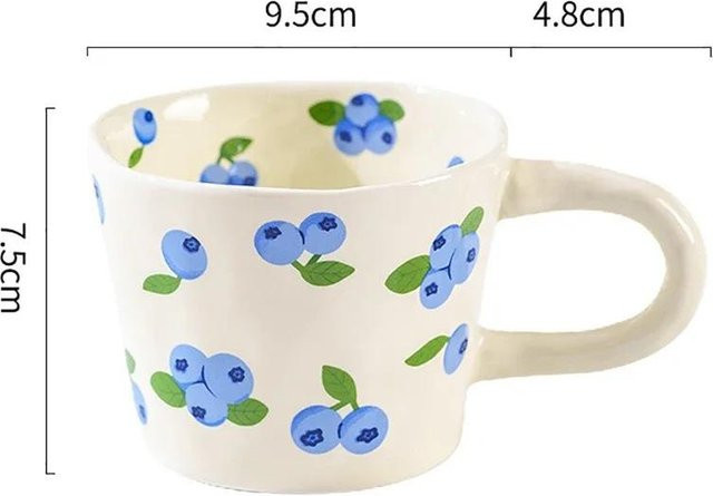 Bestbags Keramik-Kaffeetasse mit Untertasse, handbemaltes florales Blaubeer-Design, Weiß, 300 ml - Bild 1