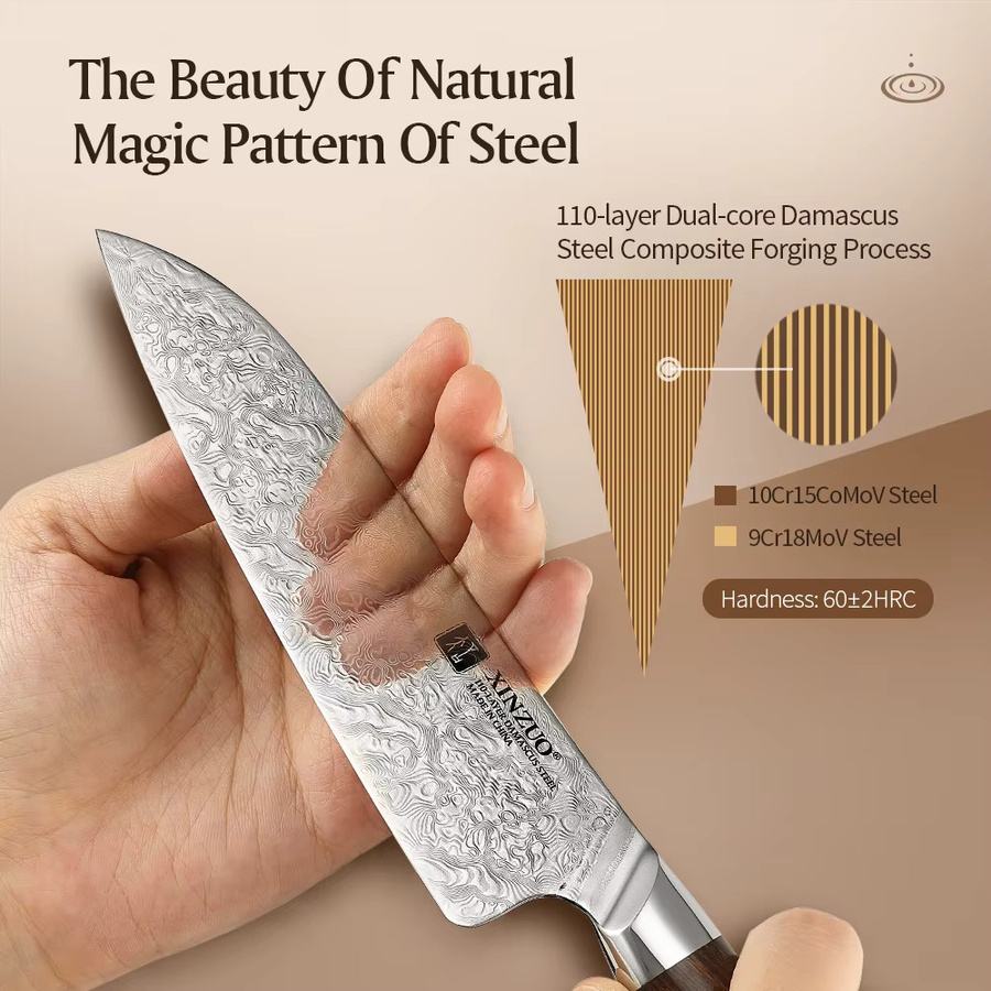 XINZUO Santoku-Küchenmesser aus 110-lagigem Damaststahl mit Holzgriff, 14 cm - Bild 3