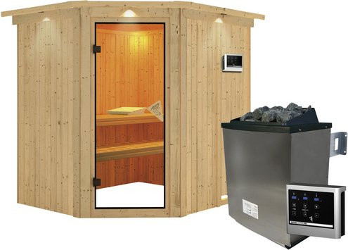 Karibu Sauna Maardu aus Fichtenholz in Beige inklusive 9 kW Saunaofen mit externer Steuerung für 3 Personen, B/T/H: 210 x 184 x 202 cm - Bild 1