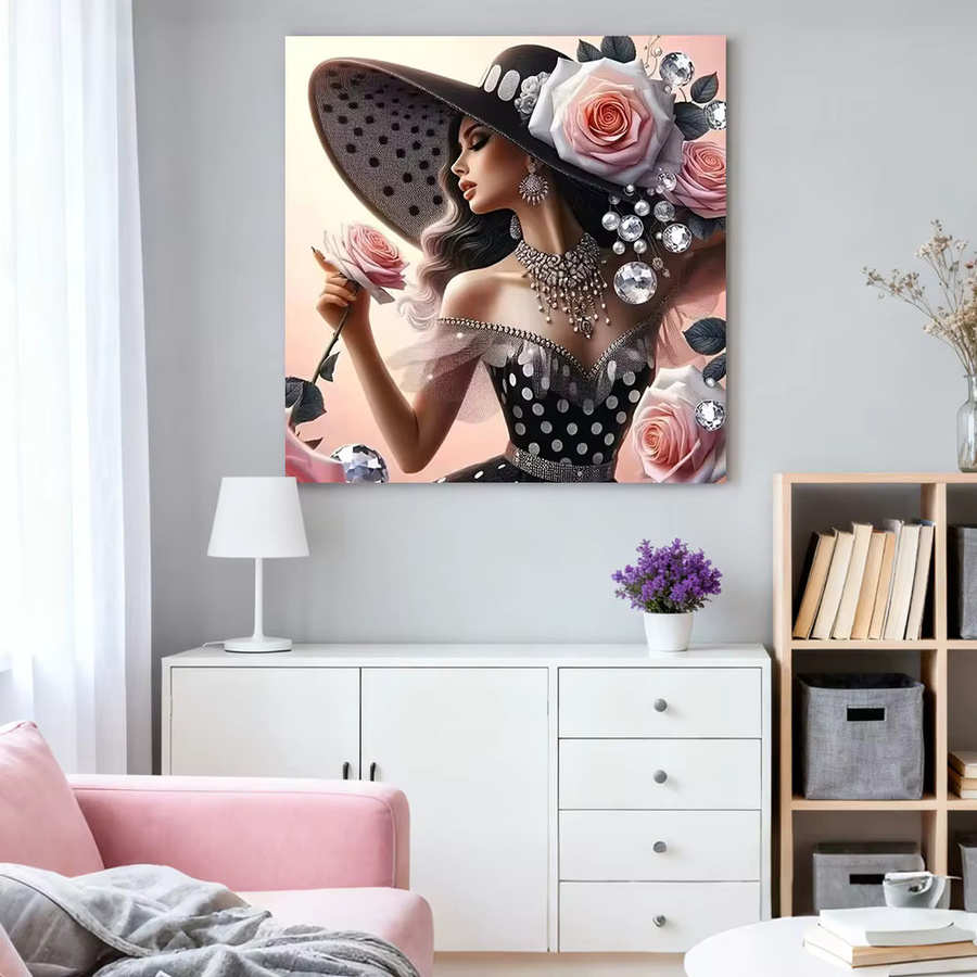 HUACAN Diamantmalerei Wanddekoration mit Frauenporträt und Rosenblumen in Mehrfarben, Durchmesser: 20 cm - Bild 3