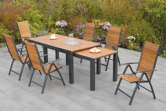 Merxx Gartenmöbelset Santorin 8-teilig aus Aluminium und Akazie in Braun mit Flex-Ausziehtisch - Bild 1