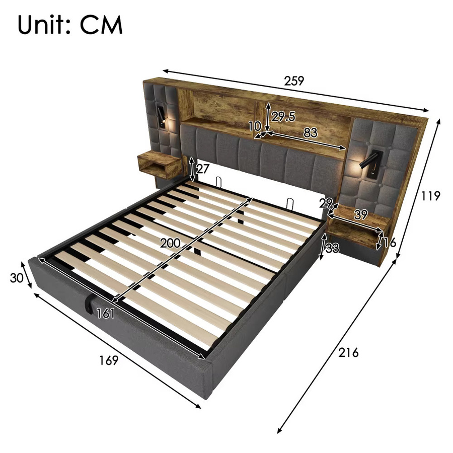 Gepolstertes Stauraumbett aus Leinen in Grau mit LED-Beleuchtung, Leselampen, integrierten Nachttischen und USB- sowie USB-C-Ladeanschlüssen, B/T/H: 160 x 200 cm - Bild 3