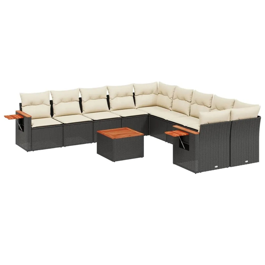vidaXL 11-tlg Garten-Sofagarnitur in U-Form aus Polyrattan und Akazienholz mit Kissen in Schwarz-Creme - Bild 2