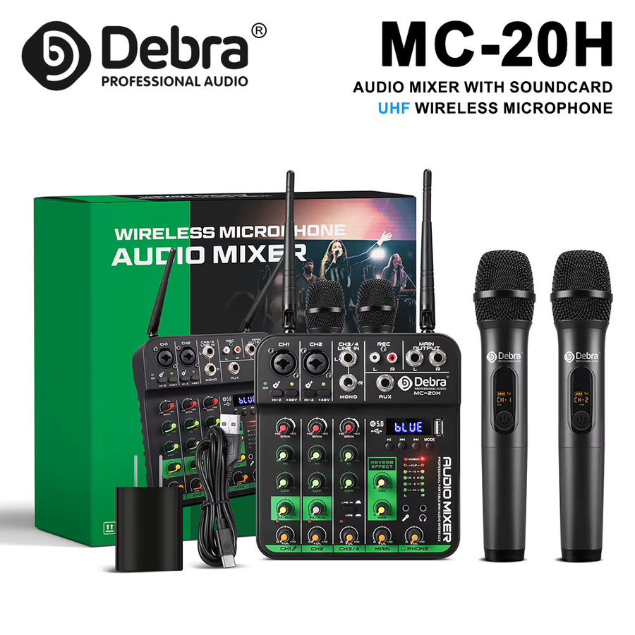 Debra MC-20H UHF 4-Kanal-Audiomixer in Schwarz mit zwei drahtlosen Mikrofonen und Bluetooth 5.0 für Webcasts, Karaoke und DJ-Einsätze - Bild 4