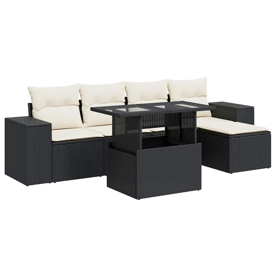 vidaXL 6-teilige Garten-Sofagarnitur aus Poly-Rattan mit Kissen in Schwarz und Cremeweiß - Bild 2