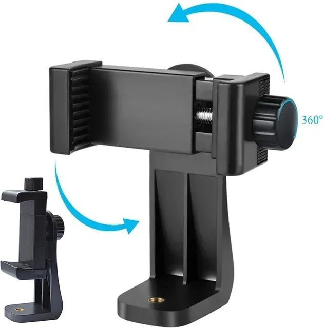 Universeller Smartphone-Handyhalterungsadapter in Schwarz mit 360 Grad Drehung und Standard-1/4-Zoll-Befestigungsschraube für Stative oder Ständer - Bild 1